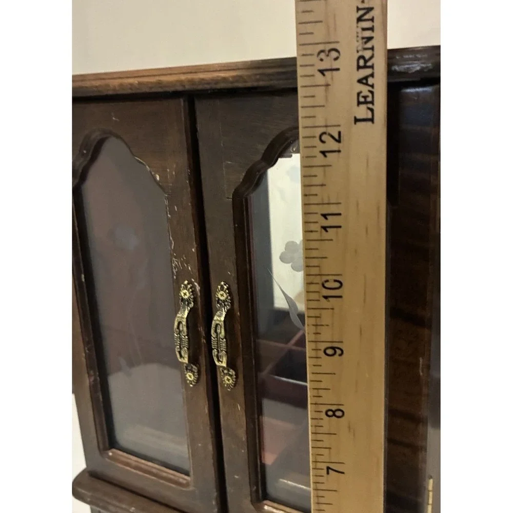 Vintage Jewelry Box Armoire Wood Etched Glass Carousel Mirror Music Box 13x9x5